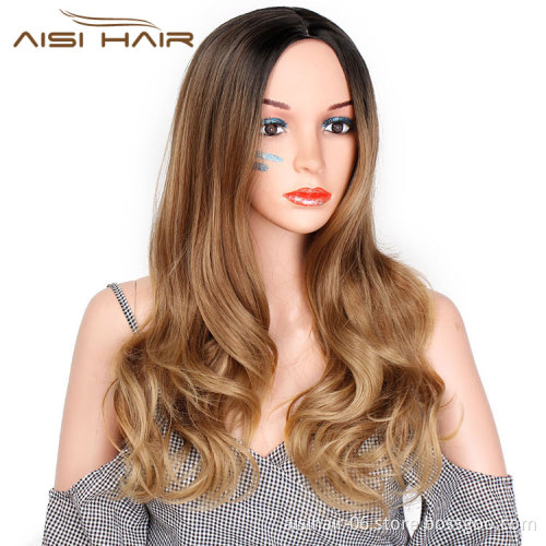 Aisi Hair Ombre Brown Synthetic Long Wavy Wigs Middle Part Dark Roots Body Wavy Wigs for Black Women